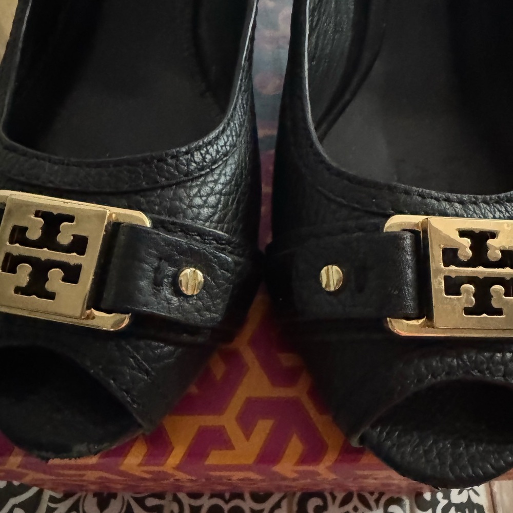 Tory Burch Black Peep-Toe Heels with Gold Accent